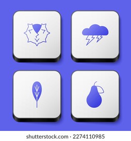 Set Chestnut, Cloud and lightning, Leaf and Pear icon. White square button. Vector