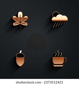 Set Chestnut leaf, Cloud with rain and sun, Acorn and Coffee cup icon with long shadow. Vector