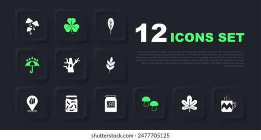 Set Chestnut leaf, Cup of tea, Bare tree, Mushroom, Umbrella and rain drops, Pickled cucumbers jar, Clover and Jam icon. Vector