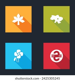 Set Chestnut leaf, Map of Ukraine, Poppy flower and Ukrainian hryvnia icon. Vector