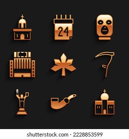 Set Chestnut leaf, Smoking pipe, Church building, Scythe, Mother Motherland monument, Hotel Ukraina, Thief mask and icon. Vector