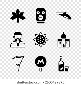 Set Chestnut leaf, Thief mask, Vintage pistols, Scythe, Metro or Underground, Vodka with pepper and glass, Ukrainian cossack and Sunflower icon. Vector