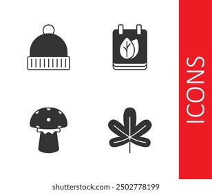 Set Chestnut leaf, Winter hat, Mushroom and Calendar with autumn leaves icon. Vector