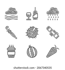Set Chestnut, Watermelon, Carrot, Winter scarf, Coffee cup to go, Umbrella, Cloud with rain and Windy weather icon. Vector