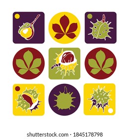 Se establece con castañas en el fondo del color. Estilo plano. Ilustración vectorial.
Ilustración para envolver papel, postales, huellas para ropa y emblemas. 