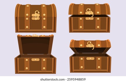 Set of chests with different lid positions, open, half open, closed, half closed, medieval cartoon chest with twist lock, pirate treasure, isolated vector icon.
