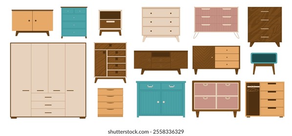 Set of chests of drawers and cabinets of different styles and designs. Furniture for home and office. Storage of clothes and textiles. Vector illustration isolated on transparent background.