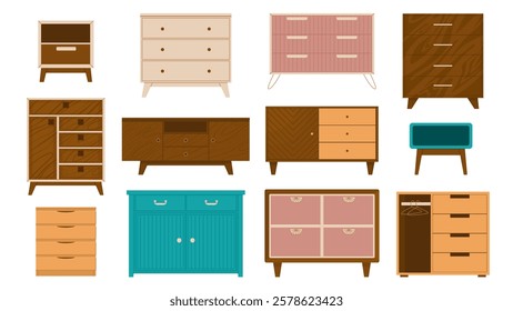 Set of chests of drawers and cabinets of different styles and designs. Furniture for home and office. Storage of clothes and textiles. Vector illustration isolated on transparent background.