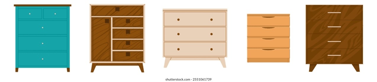 Set of chests of drawers of different designs. Elements for interior design. Storage of things in the household. Furniture store products. Vector illustration isolated on a transparent background