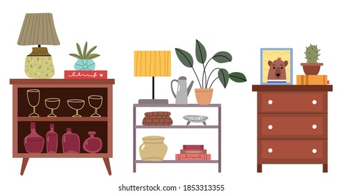 Set of chests of drawers in different styles.Set of furniture and decor elements vector flat illustration.