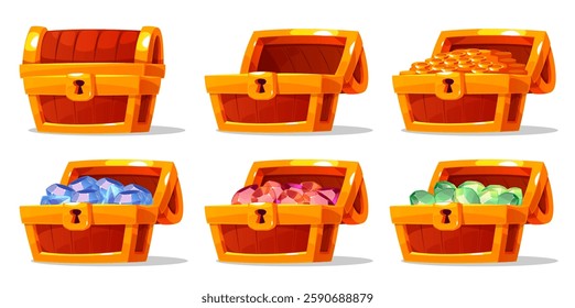 Set of chests with gold coins and gems. Closed and open wood box, empty and full of emeralds and topazes. Pirate treasure. Game ui game icons. Jewelry trunk. Vector isolated