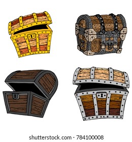 Set of chests icon. Vector illustration of an old wooden chest. Hand drawn set of pirate chests.