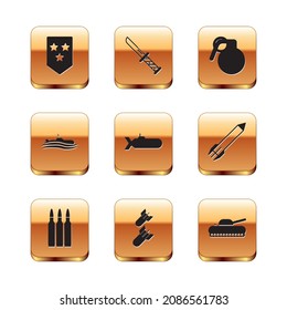 Set Chevron, Kugel, Luftbombe, U-Boot, Handgranate, Militärische Panzer und Messersymbol. Vektorgrafik