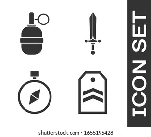 Coloque el icono de Chevron, la granada de mano, la brújula y la espada medieval. Vector