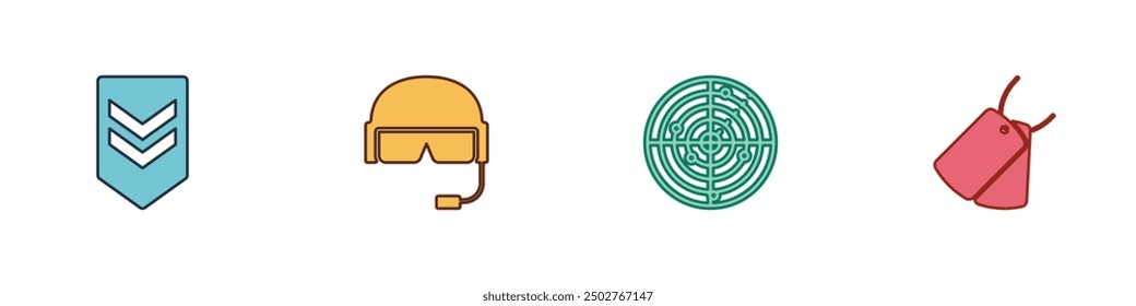 Set Chevron, Military helmet, Radar with targets and dog tags icon. Vector