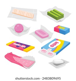 Set of chewing gum, Bubble bubblegum, Cartoon gummie splashes and spots, gum packaging, chewing dragees and bubblegum stripe flat vector illustration set, isolated on white background.