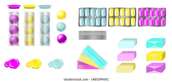 
set of chewing gum of different types in several colors