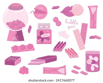 Un conjunto de chicle. Paquetes de goma de mascar rosa, una máquina de mascar chicle, labios inflando una burbuja. el estilo de los años 70, 80, 90. Ilustración vectorial aislada en un fondo blanco.