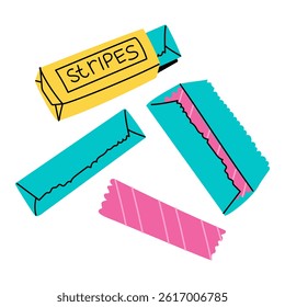 set of chewing gum strips. Packaging with open plates. Pink chewing gum in foil packaging. Bright flat color illustration in the form of doodles. Isolated on a white. Chewing gum from the 90s, 2000s