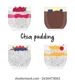 Set of Chia pudding in glass jar. Chia delicious dessert with cherry, strawberry, blueberry, banana, orange, raspberry. Healthy breakfast with chia seeds. Vector illustration.