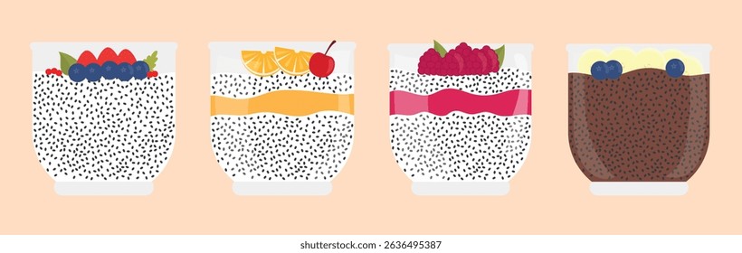 Set of Chia pudding in glass jar. Chia delicious dessert with cherry, strawberry, blueberry, banana, orange, raspberry. Healthy breakfast with chia seeds. Vector illustration.