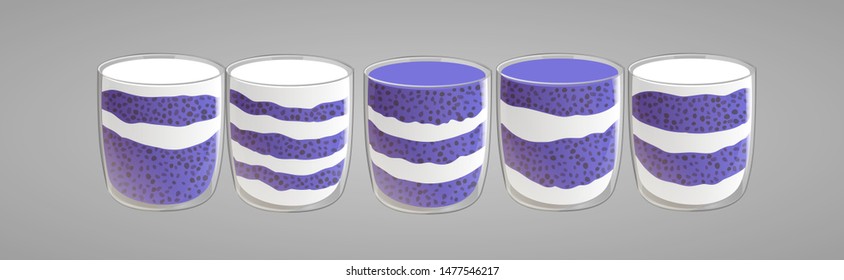 Set of chia seed pudding with blueberry. Healthy vegan snack in glass layered with cream. Vector illstration isolated on gray background.