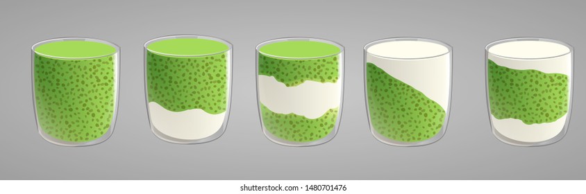 Set of chia seed pudding with green matcha tea. Healthy vegan snack in glass with whipped cream. Vector illstration isolated on gray background.