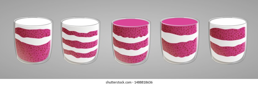Set of chia seed pudding with raspberry. Healthy vegan snack in glass layered with cream. Vector illstration isolated on gray background.