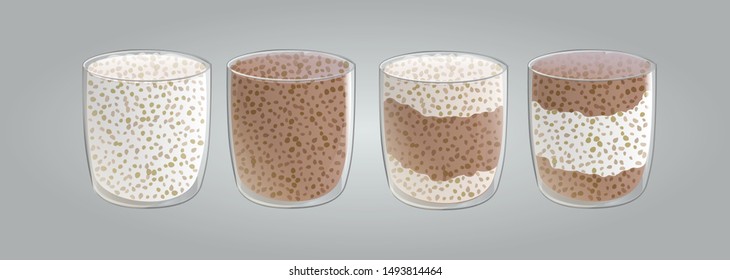 Set Of Chia Seed Puddings. Milk, Chocolate And Layered. Healthy Vegan Snack In Glass With Whipped Cream. Vector Illstration Isolated On Gray Background.