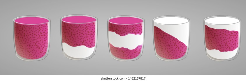 Set of chia seed raspberry puddings. Healthy vegan snack in glass with whipped cream. Vector illstration isolated on gray background.