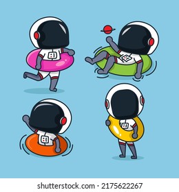 Set of chibi astronaut swimming with tires cartoon illustration