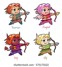 Set of chibi boy characters. Human, elf, demon and Cupid archers with bow and arrow. Vector illustration isolated on white background. Anime cartoons and manga comics style.