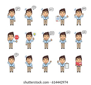 Set of chibi businessman characters showing diverse actions, emotions. Kawaii man talking on phone, angry, surprised, thinking, holding document and doing other actions. Simple vector illustration
