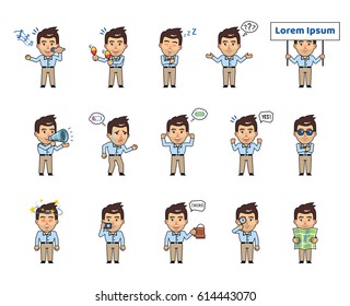 Set of chibi businessman characters showing diverse actions, emotions. Kawaii man holding map, loudspeaker, placard, singing, sleeping, taking photo and doing other actions. Simple vector illustration