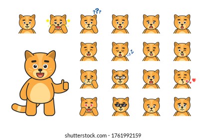 Set of chibi cat avatars, emoticons, emojis. Cute cat amazed, thinking, laughing, sleeping, angry, crying, in love and showing other expressions. Vector illustration bundle