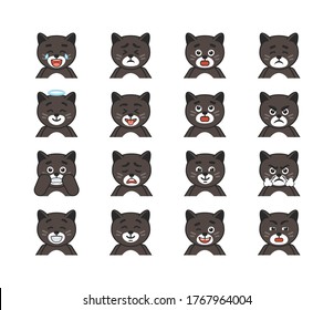 Set of chibi cat avatars, emoticons, emojis. Cute cat laughing, sad, surprised, saint, angry, showing silly face and other expressions. Vector illustration bundle
