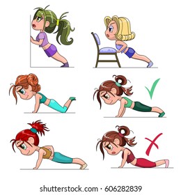 Set of chibi girls doing push ups. Various levels of difficulty, different types. Vector illustration isolated on white background. Character design in anime cartoons and manga comics style.