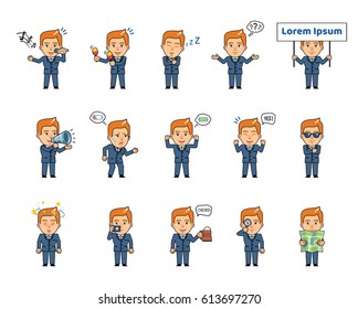 Set of chibi man characters showing different actions, emotions. Funny businessman holding loudspeaker, placard, camera, map, singing, tired and showing other actions. Simple vector illustration