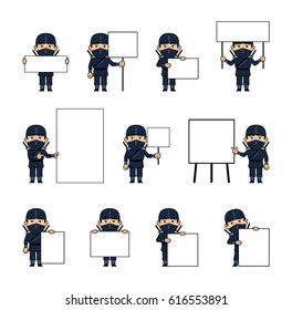 Set of chibi ninja characters posing with diverse blank banners. Funny ninja holding paper, poster, placard, pointing to whiteboard. Teach, advertise. Simple vector illustration