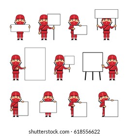 Set of chibi ninja characters posing with various blank banners. Funny ninja holding paper, poster, placard, pointing to whiteboard. Teach, advertise. Simple vector illustration