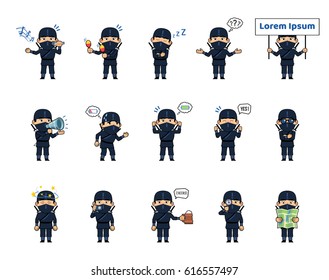 Set of chibi ninja characters showing diverse actions, emotions. Kawaii ninja holding map, loudspeaker, placard, taking photo, tired, sleeping and doing other actions. Simple vector illustration