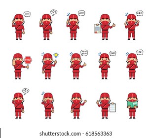 Set of chibi ninja characters showing various actions, emotions. Kawaii ninja talking on phone, holding book, document, angry, surprised, laughing and doing other actions. Simple vector illustration