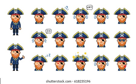 Set of chibi pirate emoticons. Pirate captain emojis showing diverse facial expressions. Angry, dazed, surprised, tired, happy, sad, sleepy, serious and other emotions. Simple vector illustration