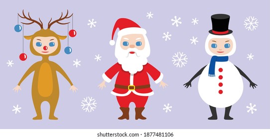 Set of chibi style Christmas characters. Santa Claus, snowman and deer with Christmas decoration. Vector illustration