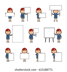 Set of chibi woman characters posing with diverse blank banners. Funny businesswoman holding paper, poster, placard, pointing to whiteboard. Teach, advertise, promote. Simple vector illustration