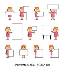 Set of chibi woman characters posing with different blank banners. Kawaii businesswoman holding paper, poster, placard, pointing to whiteboard. Teach, advertise. Simple vector illustration