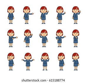 Set of chibi woman characters showing diverse hand gestures. Kawaii businesswoman pointing, greeting, showing thumb up, this way, victory, stop sign and other hand gestures. Simple vector illustration