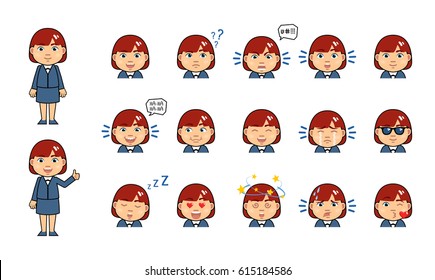Set of chibi woman emoticons. Kawaii businesswoman emojis showing diverse facial expressions. Smile, laugh, cry, sad, angry, in love, surprised, serious and other emotions. Simple vector illustration