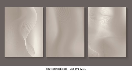Set of chic elegant cards in beige, grey, white, neutral shades. Cover, packaging, business template. Frame for branding, logo, invitation. Silver gradient mesh. Metall texture.