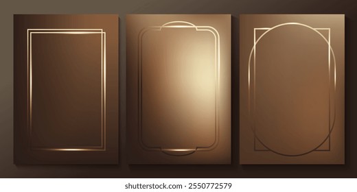 Conjunto de elegantes tarjetas en tonos marrones, beige, amarillos. Dorado, líneas de cobre, olas. Patrón geométrico. Cubierta, embalaje, Plantilla del negocio. Marco para la marca, logotipo, invitación. Malla degradada.